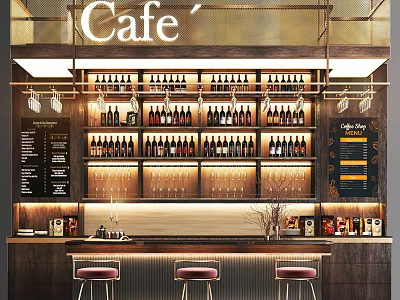 Modern Cafe Bar Counter Interior With Wine Bottles Glasses And Stools 3d model