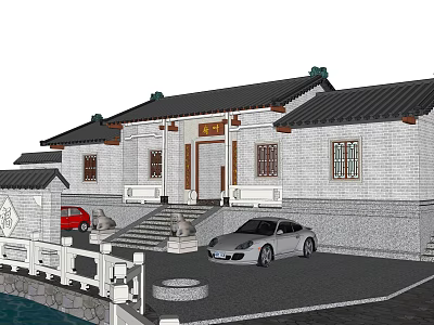 Chinese Style Detached Villa With Grey Tiled Roof White Walls Stone Lions And Parked Cars 3d model