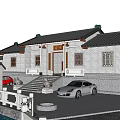 Chinese Style Detached Villa With Grey Tiled Roof White Walls Stone Lions And Parked Cars
