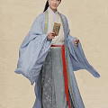 Man in Light Blue Traditional Clothing Holding Scroll with Patterns Gray Skirt and Red Trim
