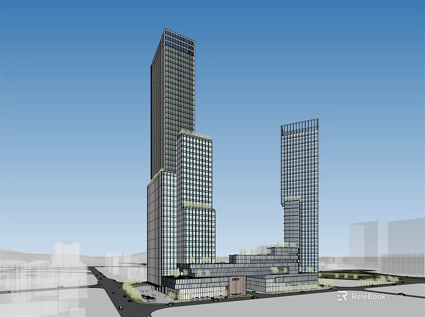 Modern High Rise Office Building With Glass Facade Twin Towers And Architectural Design 3d model 