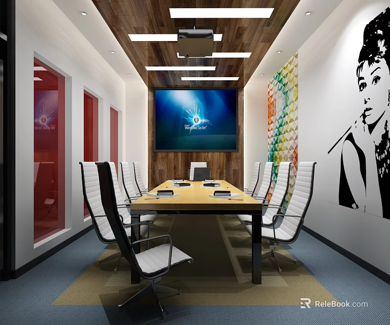 Modern Conference Room With Long Table White Chairs Large Screen Wooden Ceiling Colorful Wall Decor 3d model 