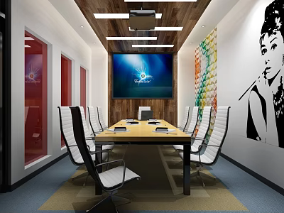 Modern Conference Room With Long Table White Chairs Large Screen Wooden Ceiling Colorful Wall Decor 3d model