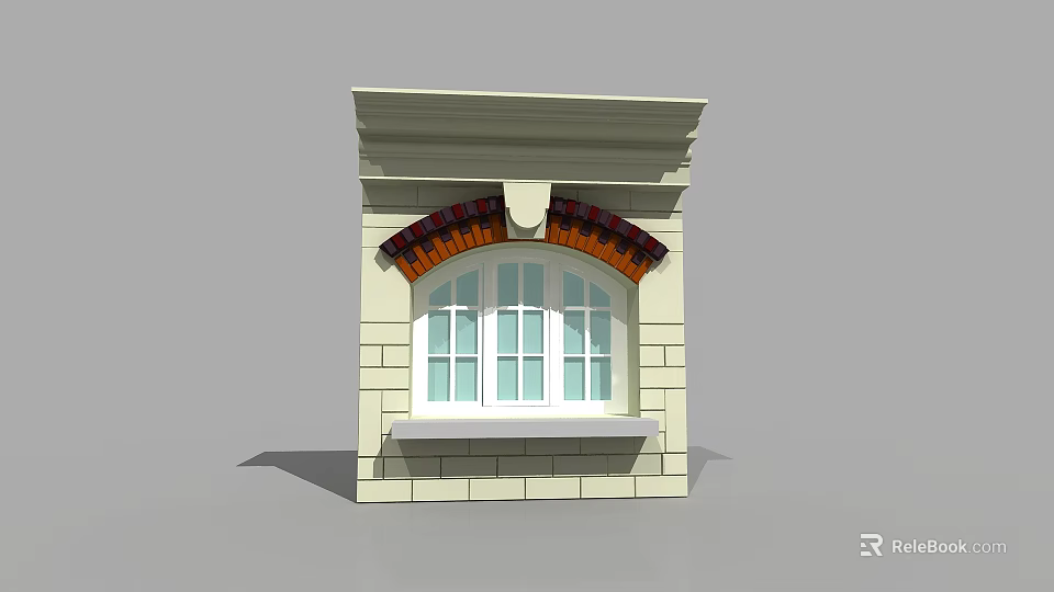 European Architecture Arched Window With Stone Wall Red Arched Detail And Decorative Cornice 3d model 