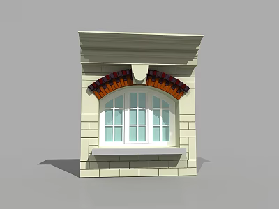 European Architecture Arched Window With Stone Wall Red Arched Detail And Decorative Cornice 3d model