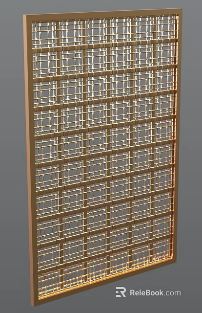 Elegant Wooden Room Divider with Intricate Grid Pattern and Golden Frame 3d model