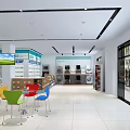 Pharmacy Store Interior With Shelves Medicines Colorful Chairs Counter And Screens