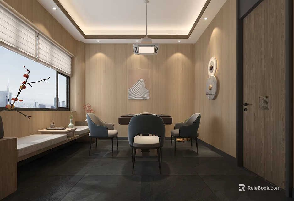 Hotel Mahjong Room Interior With Wooden Walls Mahjong Table Chairs Decorative Painting And Pendant Light 3d model 