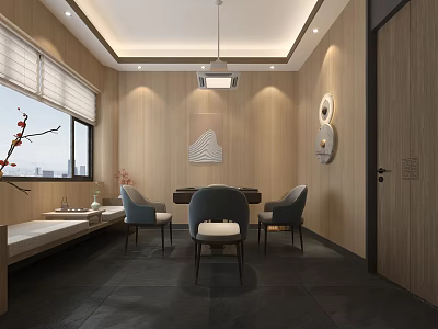 Hotel Mahjong Room Interior With Wooden Walls Mahjong Table Chairs Decorative Painting And Pendant Light 3d model
