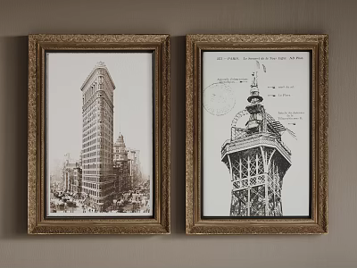 Pair Of Vintage Gold Framed Classic Architectural Prints For Wall Decor 3d model