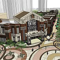 Modern Commercial Street Design With Pedestrian Walkway Green Plants And High Rise Buildings