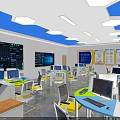 Modern Classroom With Computers Desks Blue Ceiling Windows And Interactive Board 3d model