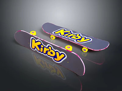 Pair of Kirby Skateboards With Yellow Wheels Pink Edges on Dark Background 3d model