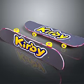Pair of Kirby Skateboards With Yellow Wheels Pink Edges on Dark Background