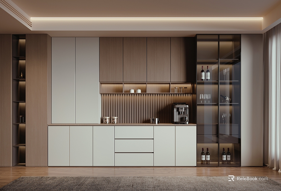 Modern Sideboard Design With Wooden Cabinetry Glass Door Storage Countertop And Coffee Machine 3d model 