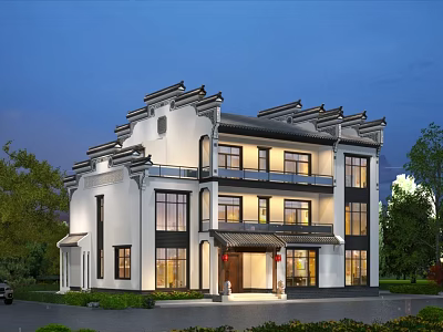 Chinese Style Detached Villa Exterior Design With Three Story Structure Illuminated Windows And Greenery Surroundings 3d model