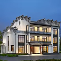 Chinese Style Detached Villa Exterior Design With Three Story Structure Illuminated Windows And Greenery Surroundings