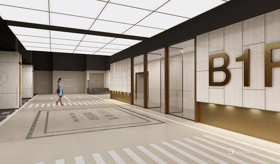 Sleek Modern Elevator Lobby Interior With B1 Sign Patterned Floor And Ceiling Lights 3d model