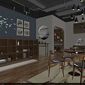 Modern Office Interior with Wooden Bookshelves Blue Pendant Lights Round Mirror Decorative Paintings Wooden Flooring