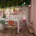 Pink Beauty Salon Interior Design With String Lights Green Plants Pink Chairs And Marble Counter