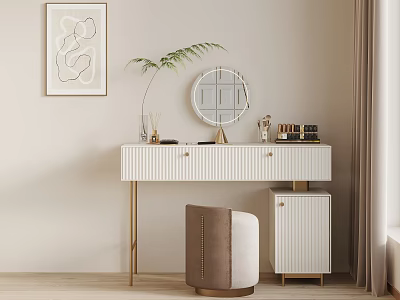 White Striped Dressing Table With Circular Mirror Green Fern Golden Legs And Brown Stool 3d model