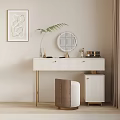 White Striped Dressing Table With Circular Mirror Green Fern Golden Legs And Brown Stool