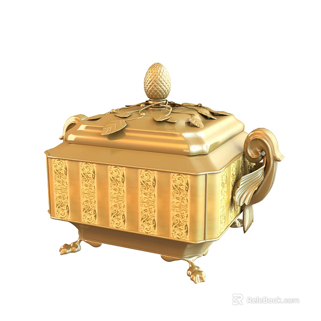 Golden Decorative Ornament Set With Carved Floral Pattern Pineapple Top And Leaf Accents 3d model 