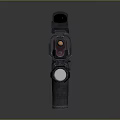 Red And Black Tactical Pistol With Red Dot Sight And Flashlight On Dark Reflective Surface