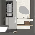 Modern Bathroom Interior With Backlit Oval Mirror White Sink Countertop Toiletries And Hanging Towel