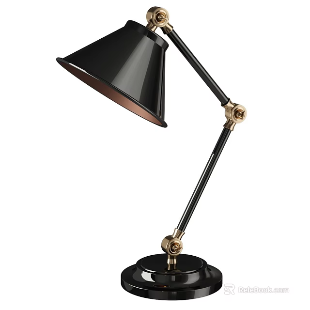 Modern Black Desk Lamp With Adjustable Arm And Brass Accents On Round Base 3d model 