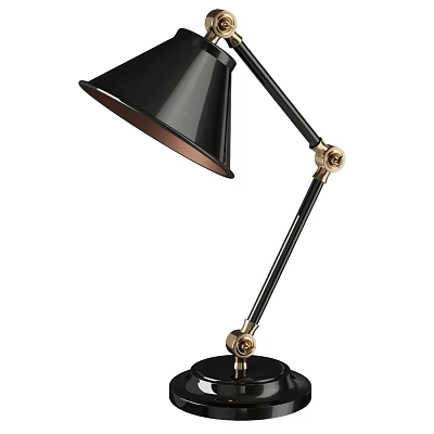 Modern Black Desk Lamp With Adjustable Arm And Brass Accents On Round Base 3d model