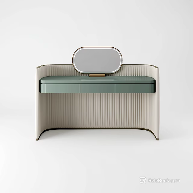 Modern Minimalist Dressing Table With Oval Mirror Green Countertop And Beige Vertical Striped Cabinet 3d model 