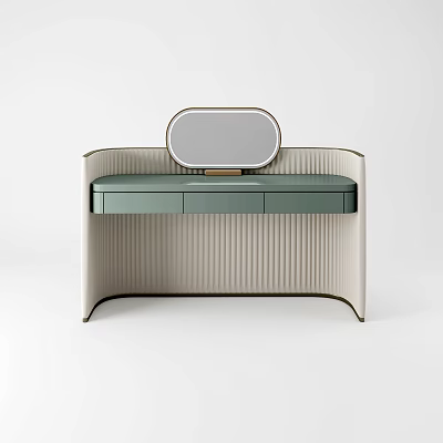 Modern Minimalist Dressing Table With Oval Mirror Green Countertop And Beige Vertical Striped Cabinet 3d model