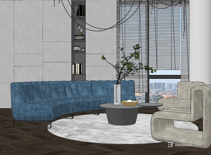 Modern Blue Sofa and Coffee Table Set with Beige Chair Round Rug and Plant 3d model 