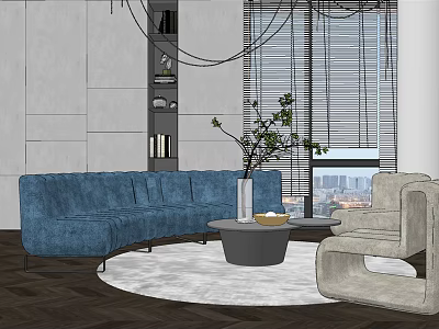 Modern Blue Sofa and Coffee Table Set with Beige Chair Round Rug and Plant 3d model
