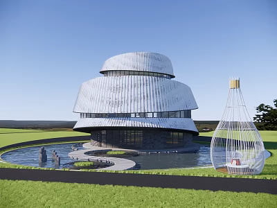 Modern Cultural Center Building with Curved White Facade Water Pool and Green Lawn 3d model