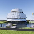 Modern Cultural Center Building with Curved White Facade Water Pool and Green Lawn 3d model
