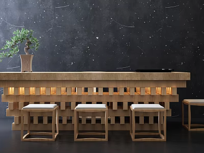 Wooden Reception Desk with Illuminated Panels Stools and Potted Plant on Dark Background 3d model