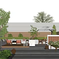 Stylish Garden Design With Outdoor Seating Trees Plants Umbrella And Decorative Lights