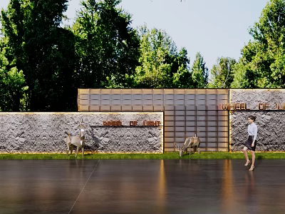 Stone And Wooden Landscape Wall Design With Trees Greenery Deer And People 3d model