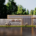 Stone And Wooden Landscape Wall Design With Trees Greenery Deer And People