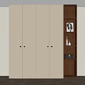 Modern Interior With White Wardrobe And Wooden Bookshelf Displaying Decorative Items