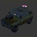Green Military Off Road Vehicle With Weathered Body And Mounted Equipment On Roof