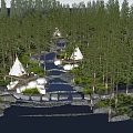 Night Park Landscape With White Tepees Tall Trees Moonlit Stream And Wooden Decks