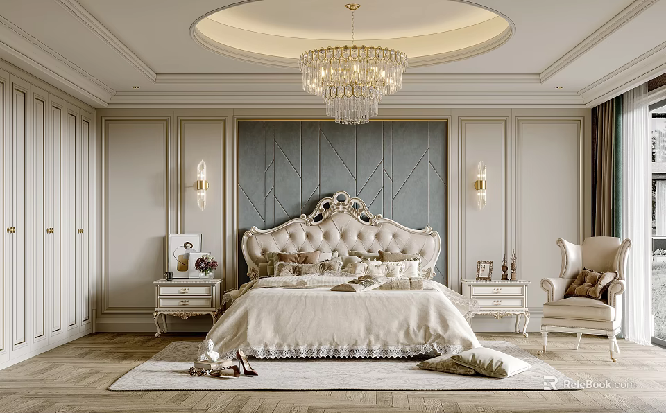 Luxurious Bedroom Interior With Ornate Headboard Crystal Chandelier Wall Lights And Nightstands 3d model 