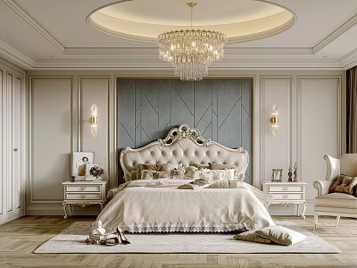 Luxurious Bedroom Interior With Ornate Headboard Crystal Chandelier Wall Lights And Nightstands 3d model