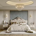 Luxurious Bedroom Interior With Ornate Headboard Crystal Chandelier Wall Lights And Nightstands