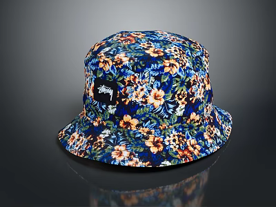 Stylish Blue Floral Pattern Bucket Hat with Decorative Logo and Colorful Design 3d model