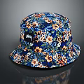 Stylish Blue Floral Pattern Bucket Hat with Decorative Logo and Colorful Design