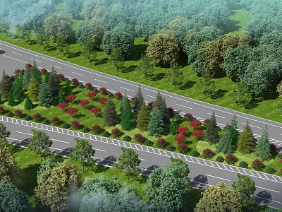 Municipal Road Lined with Lush Green Trees and Vibrant Flower Beds on Both Sides 3d model